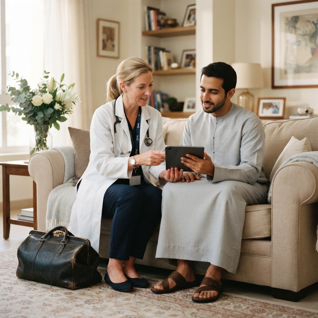 Doctor on call Dubai reviewing care plan with a home visit patient